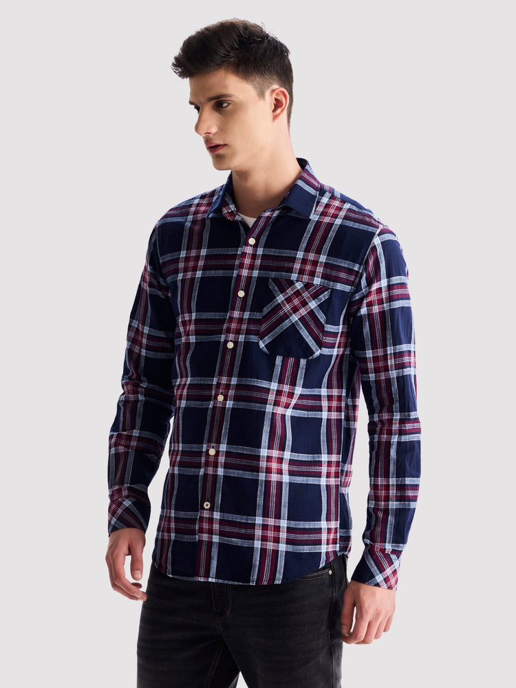 Navy Pure Cotton Checked Shirt