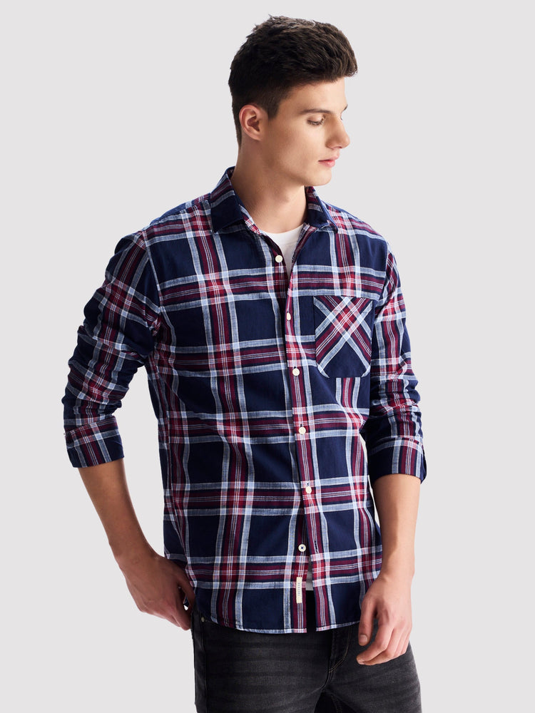 Navy Pure Cotton Checked Shirt
