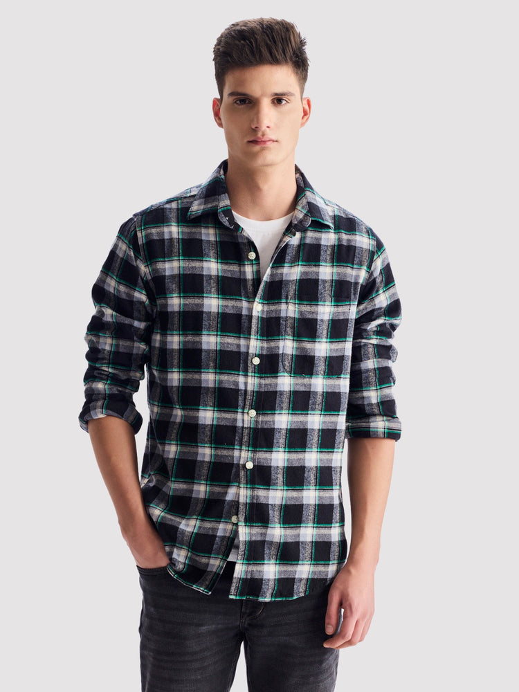 Black Brushed Cotton Checked Shirt