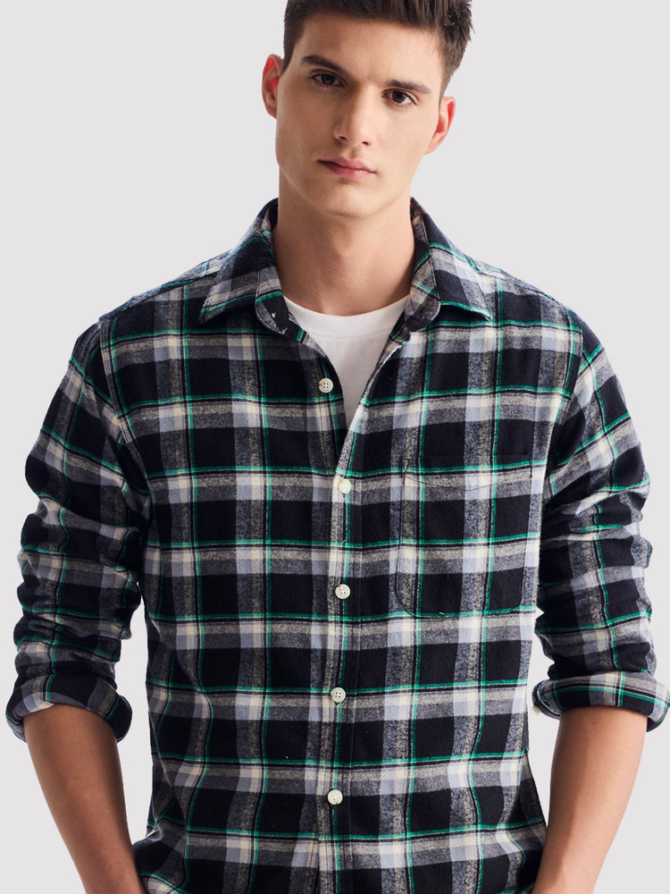 Black Brushed Cotton Checked Shirt