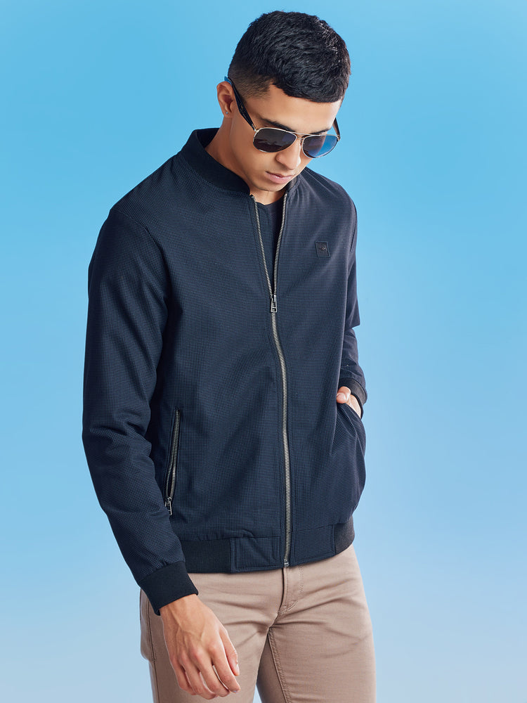 Navy Houndstooth Bomber Jacket