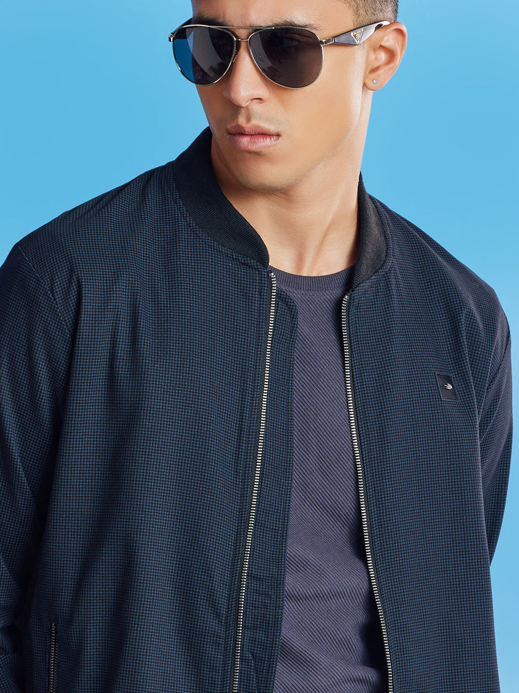 Navy Houndstooth Bomber Jacket