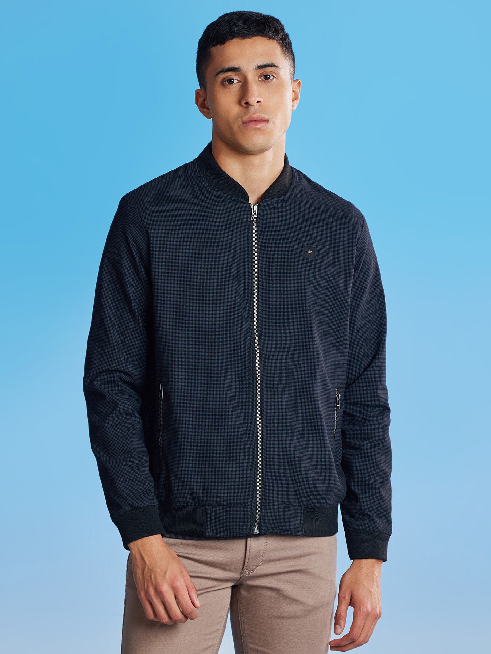 Navy Houndstooth Bomber Jacket