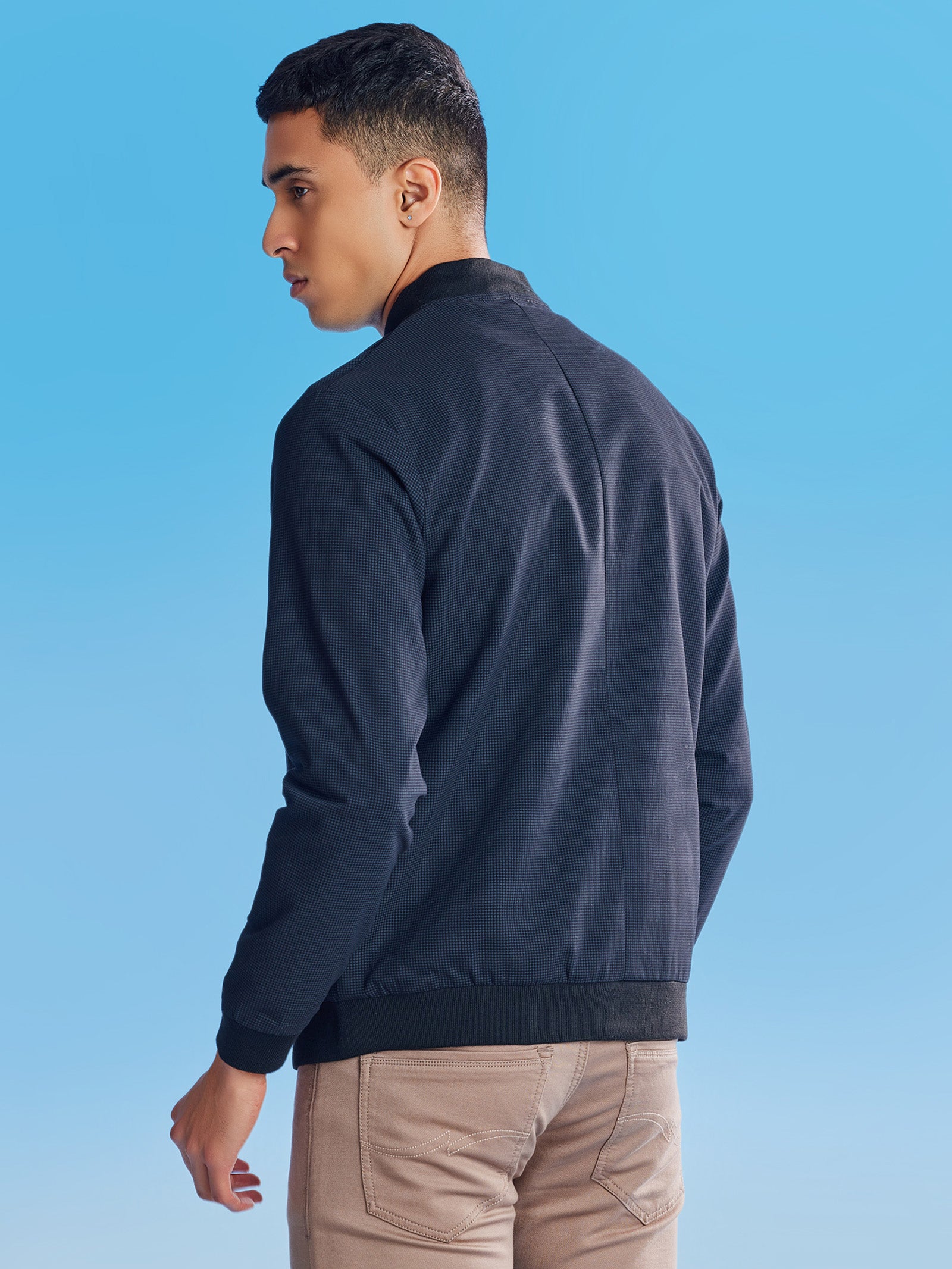 Navy Houndstooth Bomber Jacket