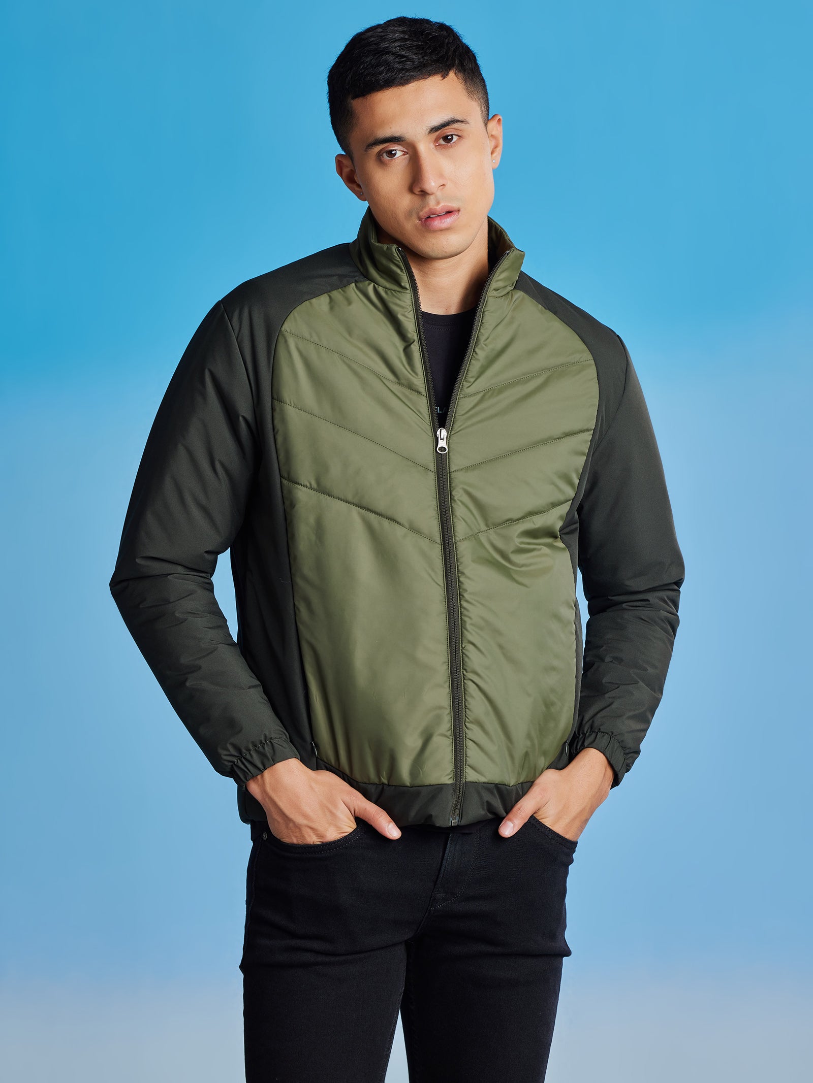 Green Colorblocked Quilted Jacket