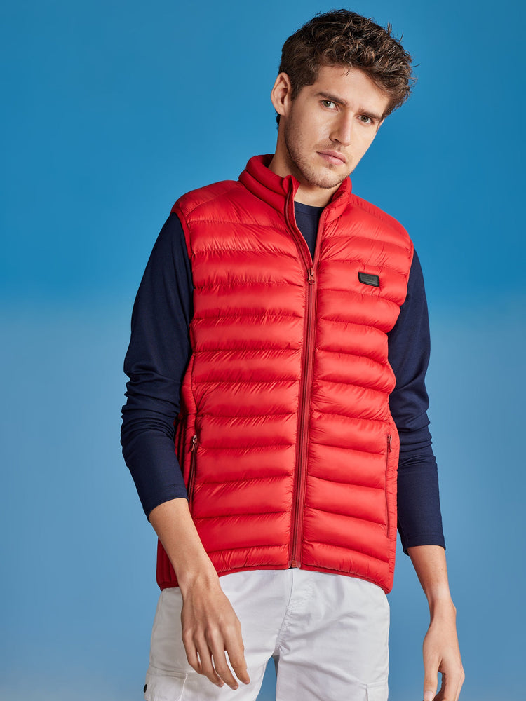 Red Sleeve Less Puffer Jacket