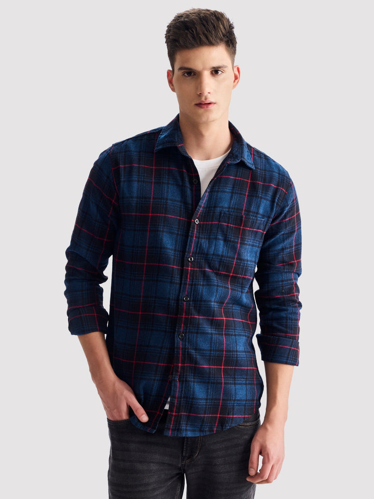 Navy Pure Cotton Checked Shirt