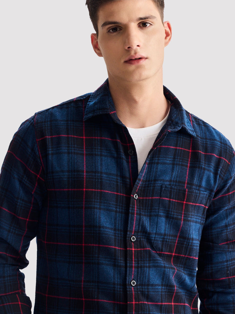 Navy Pure Cotton Checked Shirt