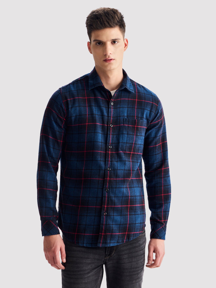 Navy Pure Cotton Checked Shirt