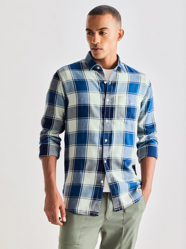Blue Pure Cotton Checked Shirt