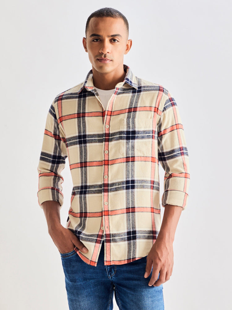 Cream Brushed Cotton Checked Shirt