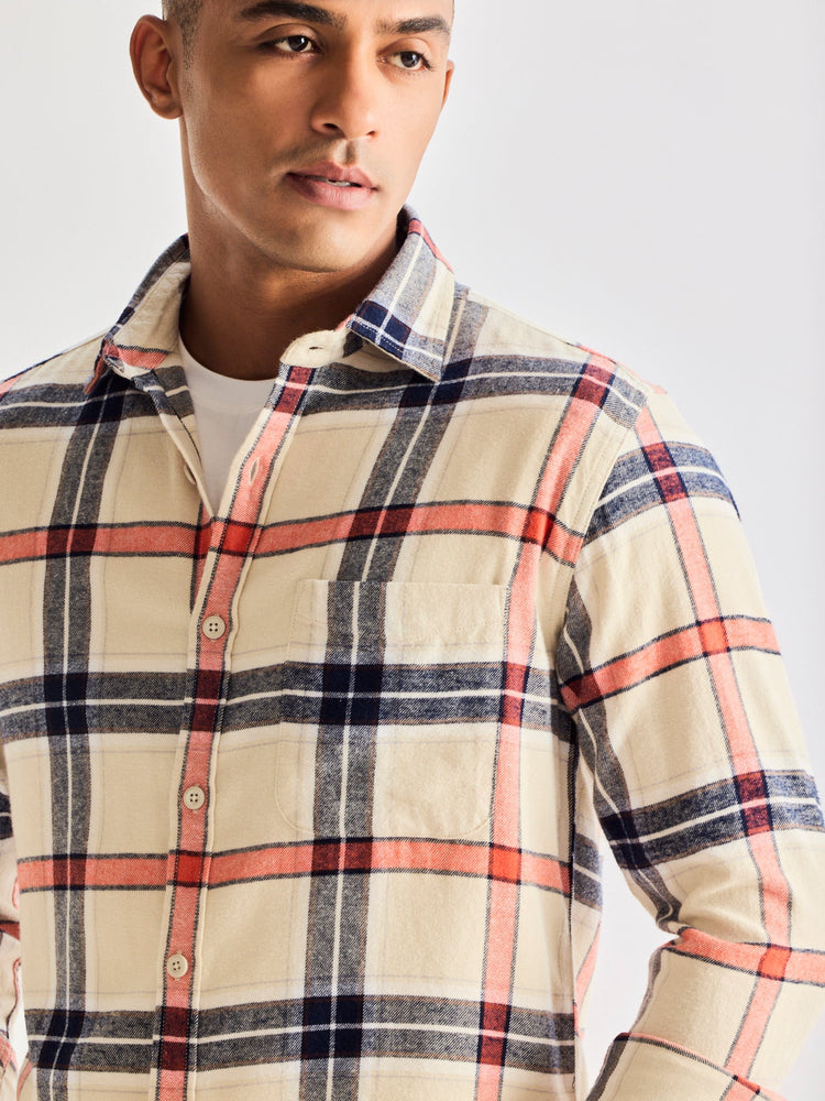 Cream Brushed Cotton Checked Shirt