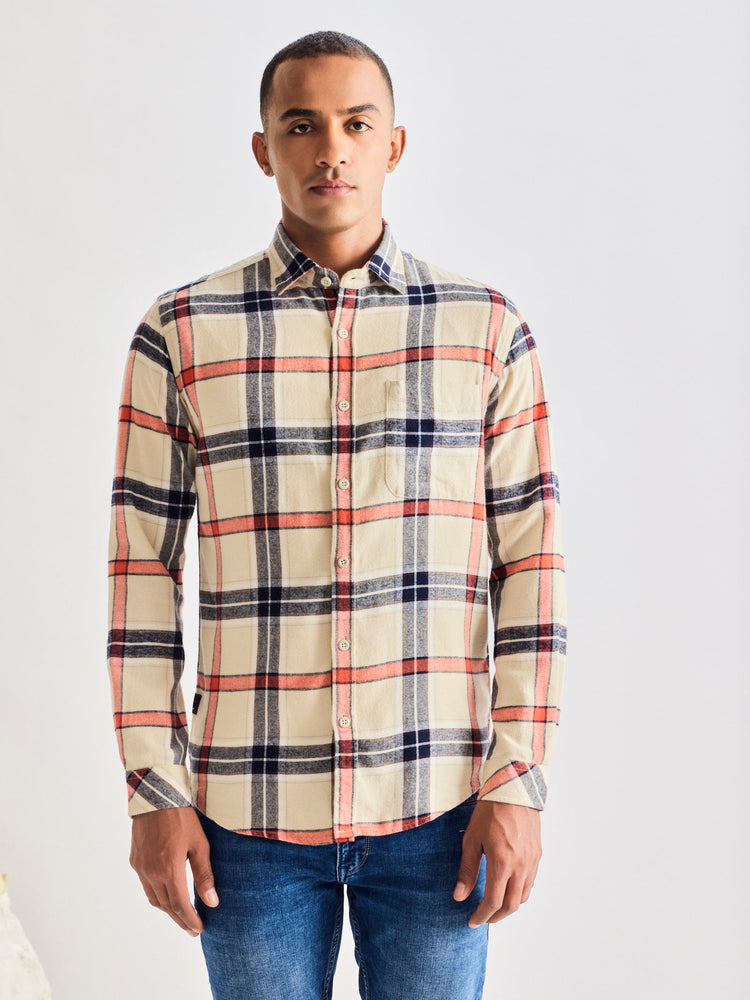 Cream Brushed Cotton Checked Shirt