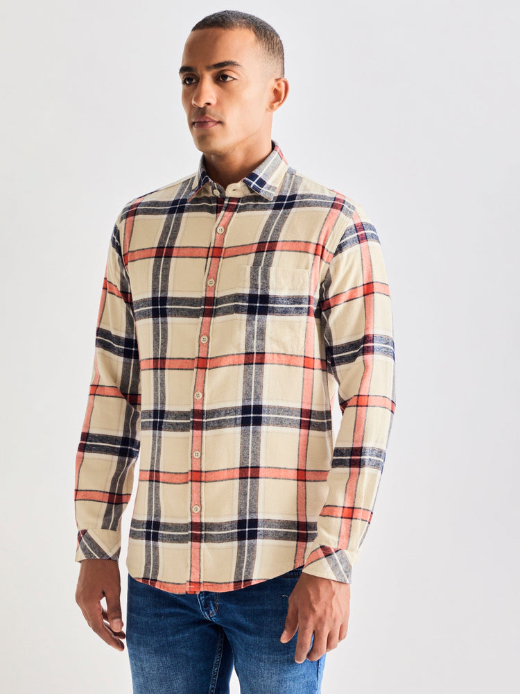 Cream Brushed Cotton Checked Shirt
