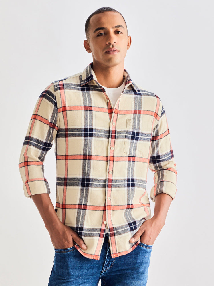 Cream Brushed Cotton Checked Shirt