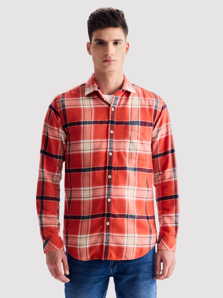 Orange Brushed Cotton Checked Shirt