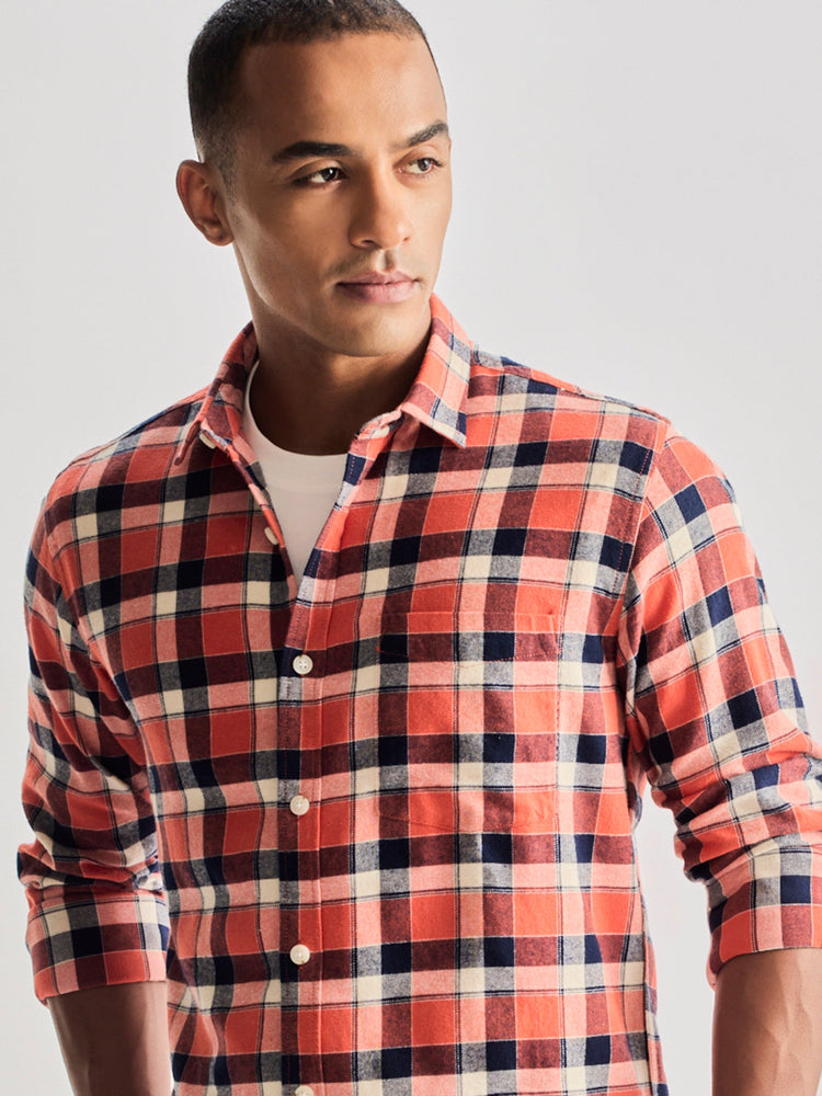 Orange Brushed Cotton Checked Shirt