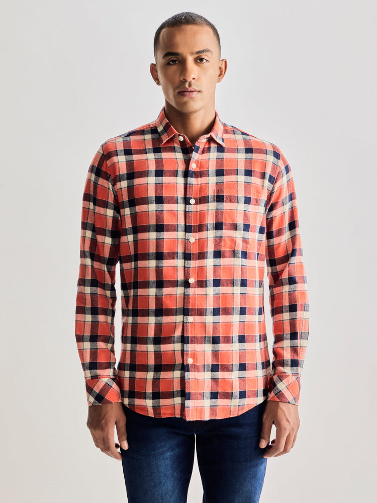 Orange Brushed Cotton Checked Shirt