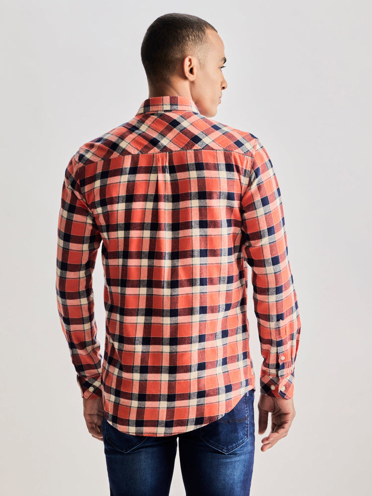 Orange Brushed Cotton Checked Shirt