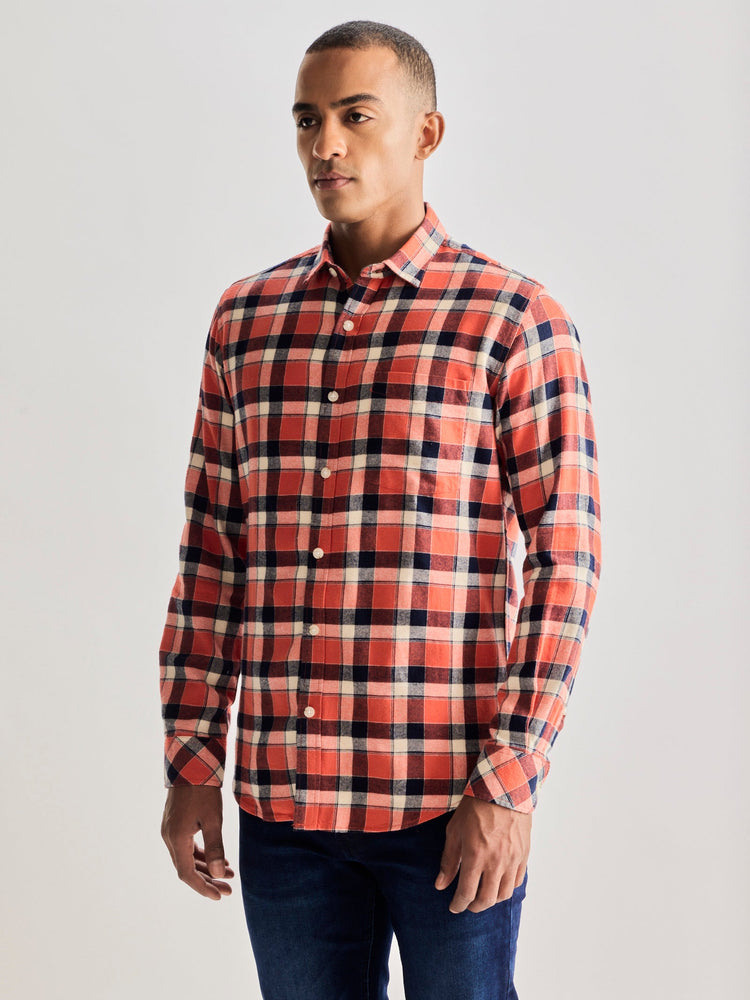 Orange Brushed Cotton Checked Shirt