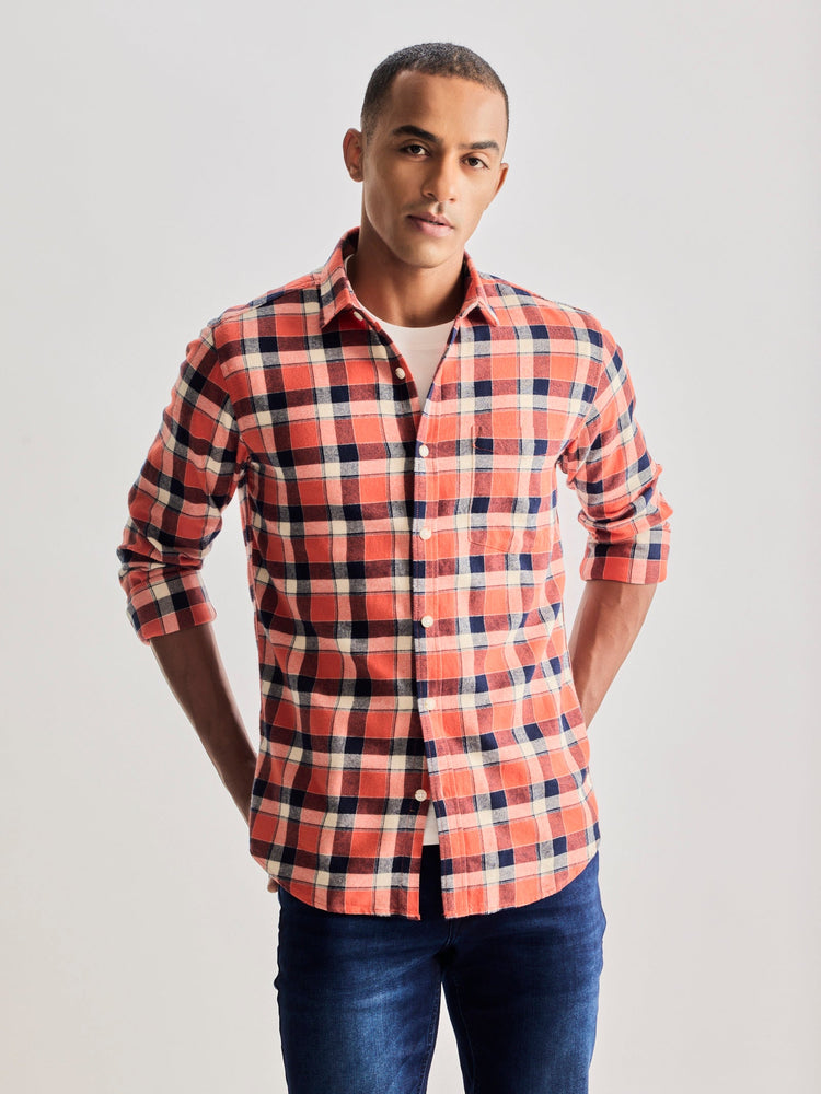 Orange Brushed Cotton Checked Shirt