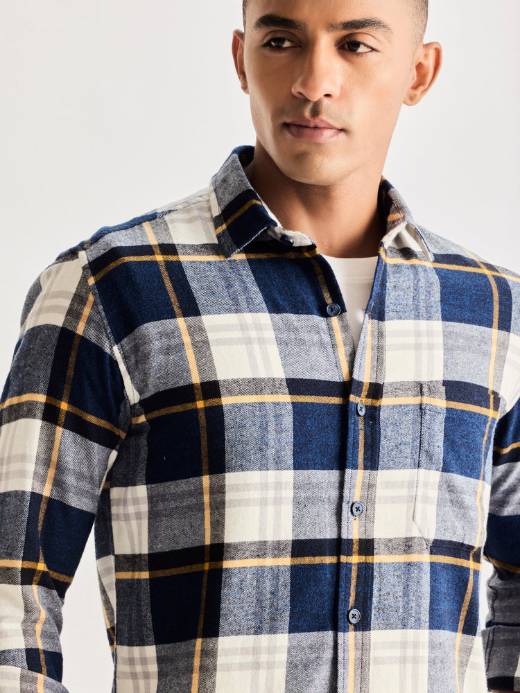 Navy Brushed Cotton Checked Shirt