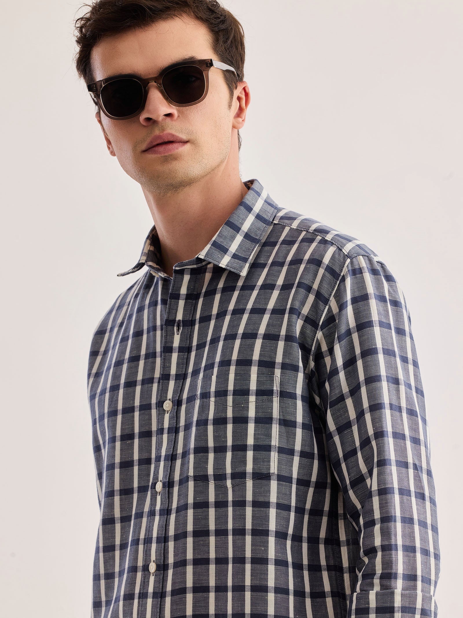 Grey Checked Linen Shirt