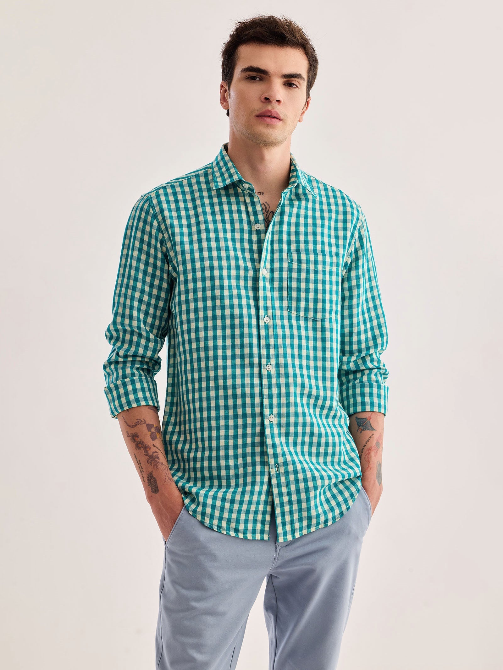 Green Checked Linen Shirt
