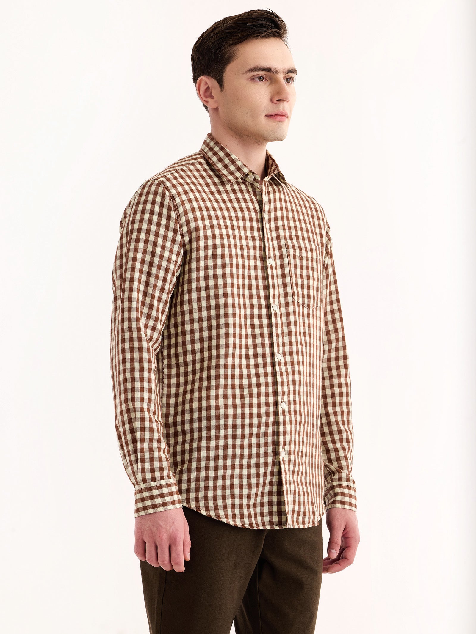 Brown Checked Linen Shirt