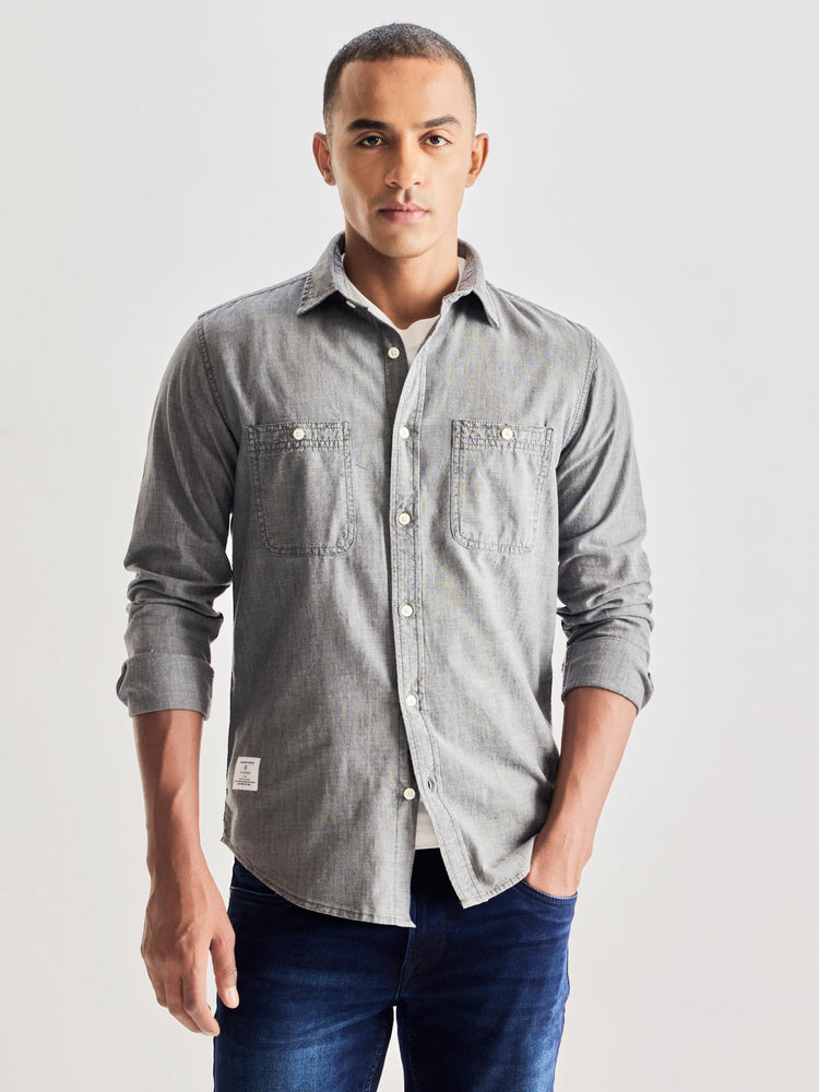 Grey Solid Denim Shirt