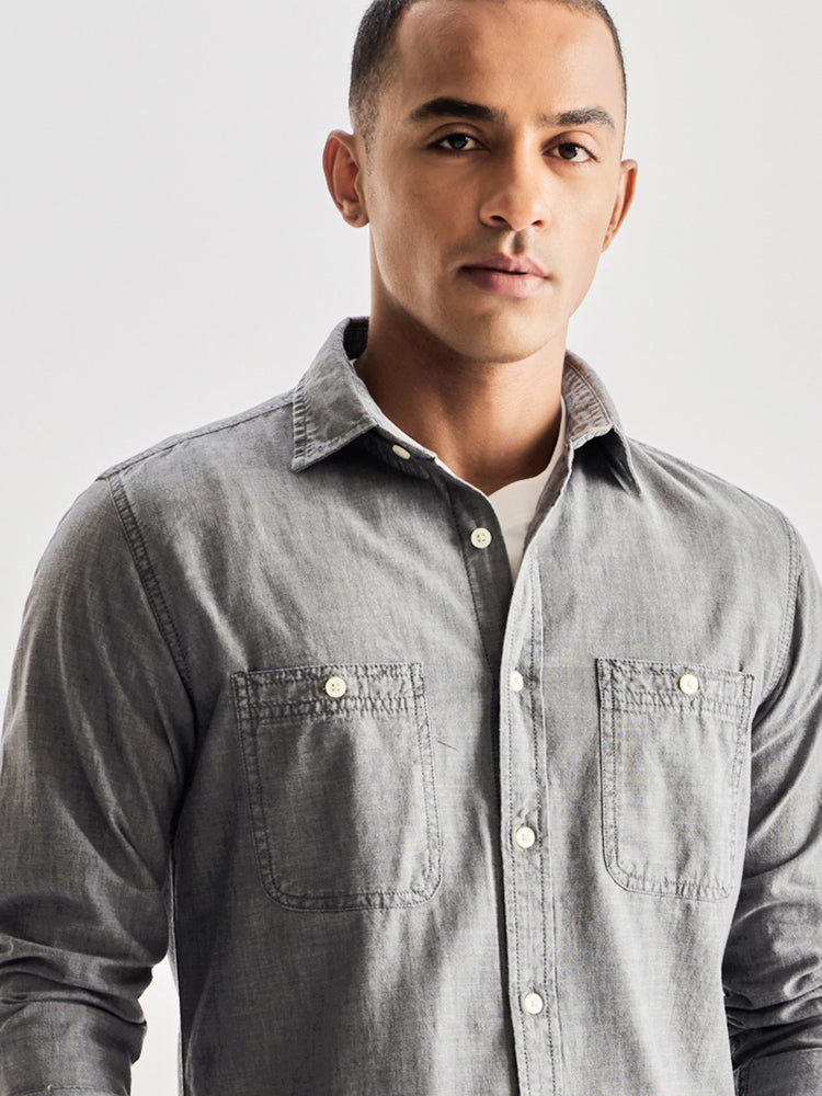 Grey Solid Denim Shirt
