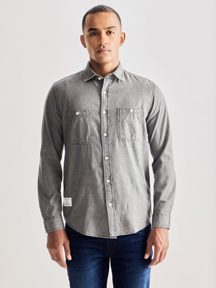 Grey Solid Denim Shirt