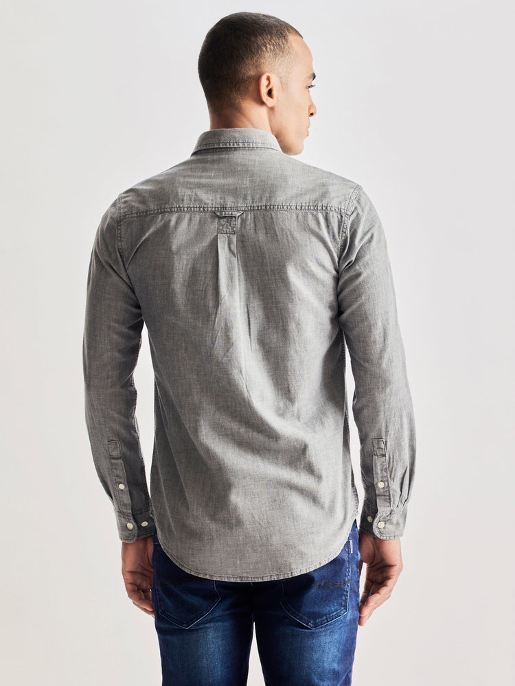 Grey Solid Denim Shirt