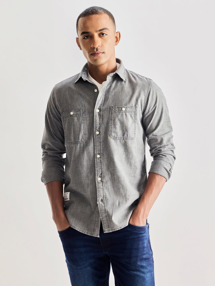 Grey Solid Denim Shirt
