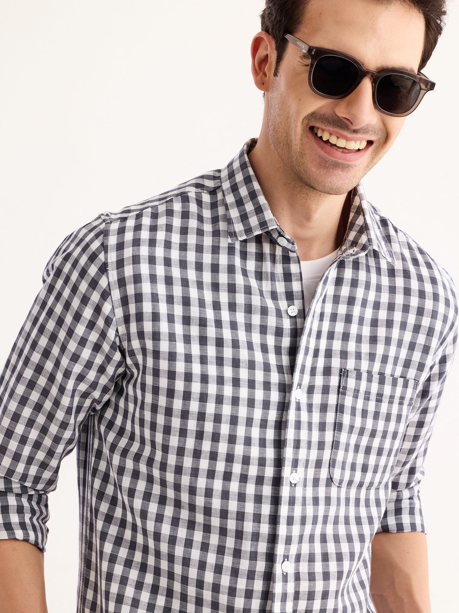 Grey Checked Linen Shirt