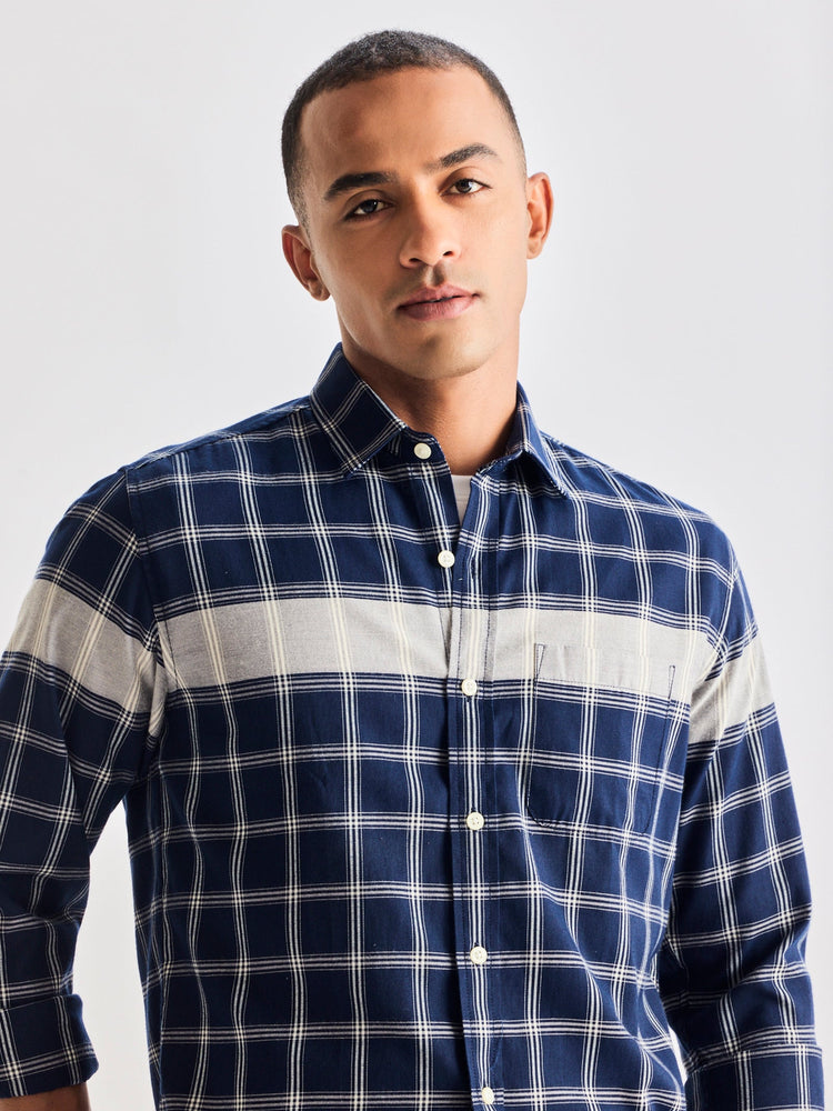 Navy Pure Cotton Checked Shirt