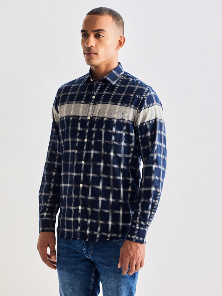 Navy Pure Cotton Checked Shirt