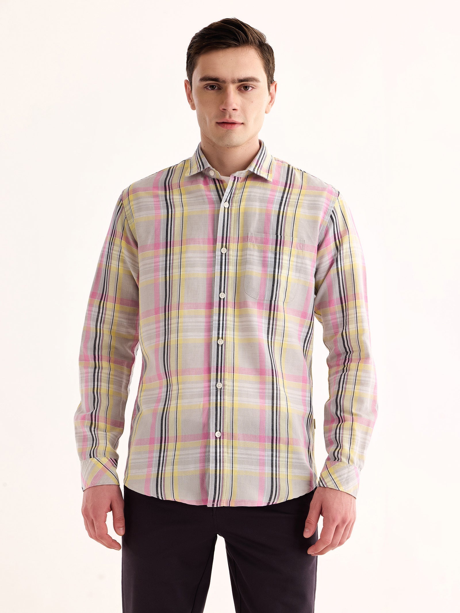 Grey Checked Linen Shirt