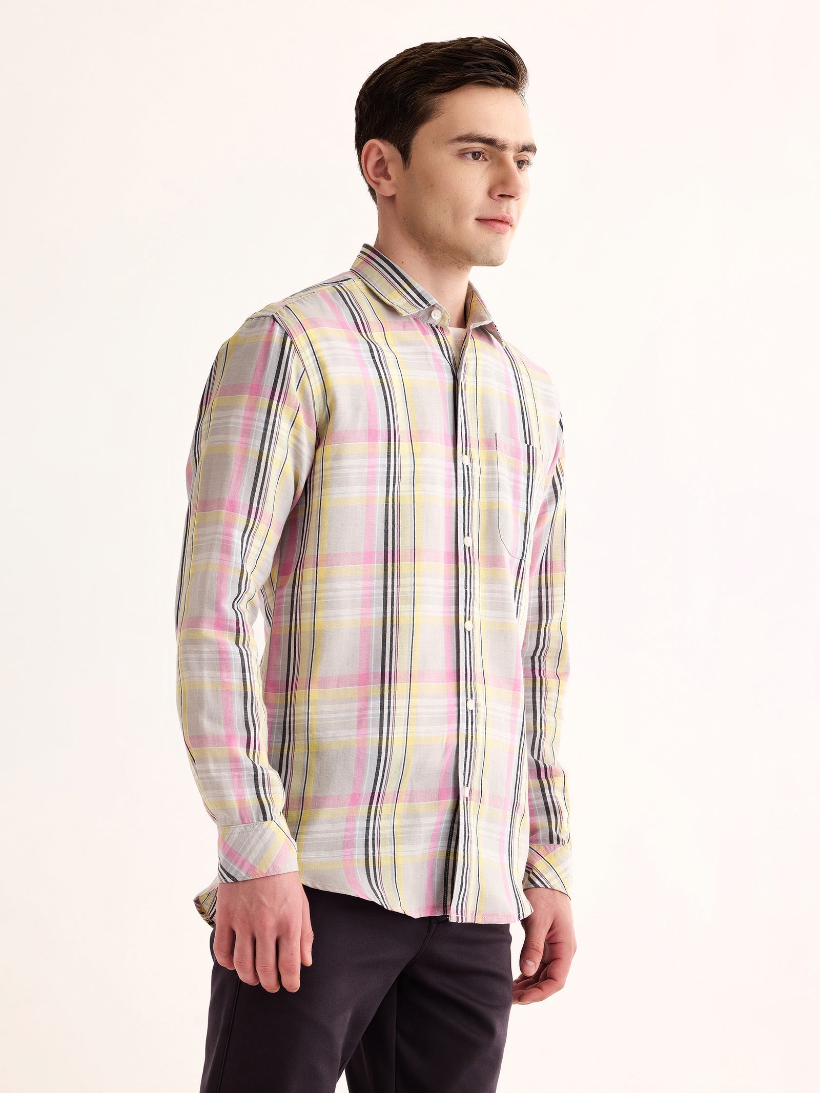 Grey Checked Linen Shirt