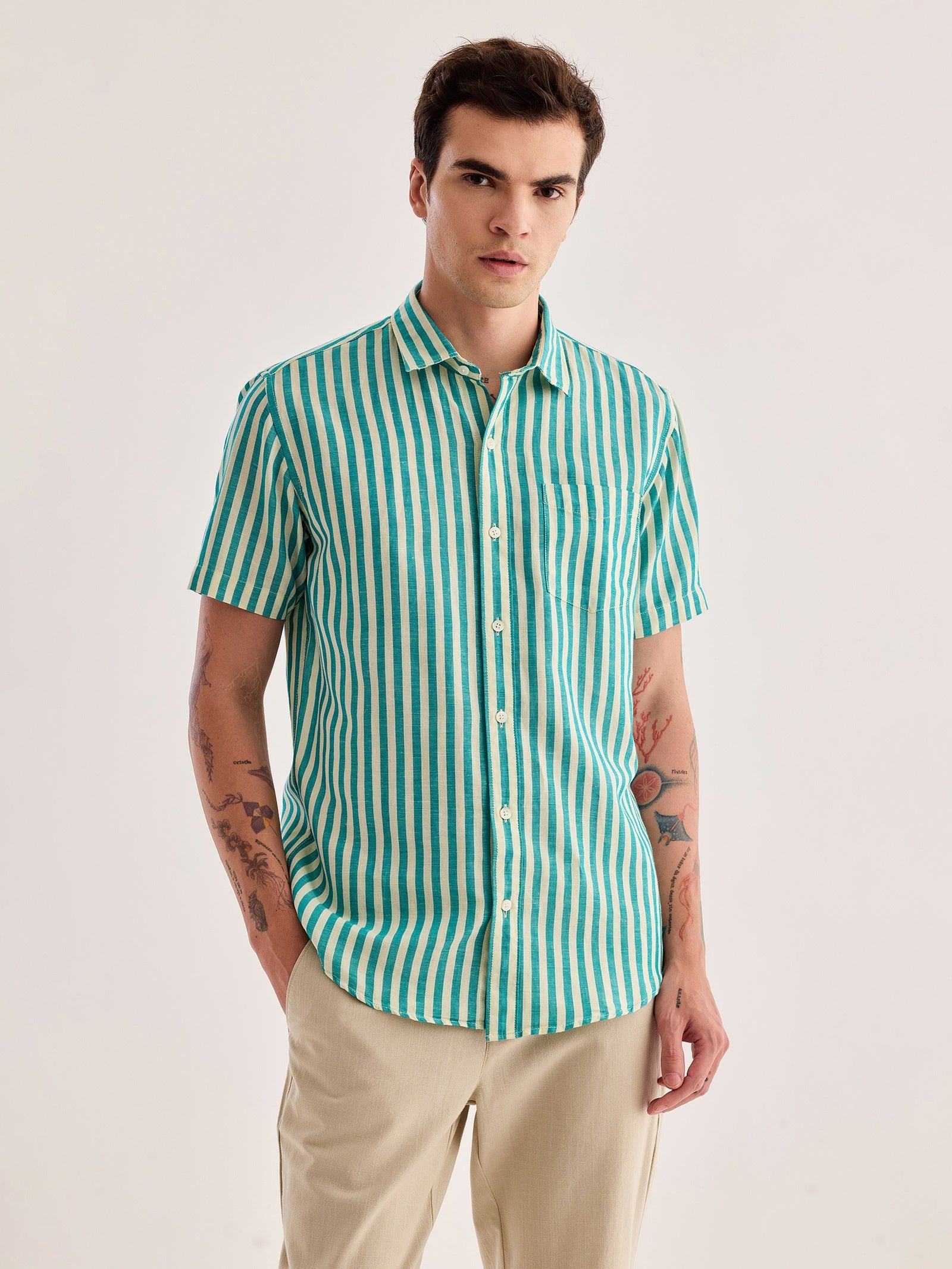 Green Striped Linen Shirt