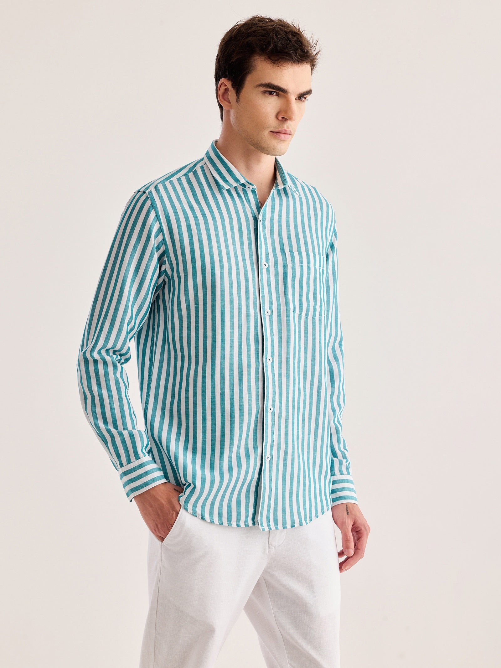 Green Striped Linen Shirt