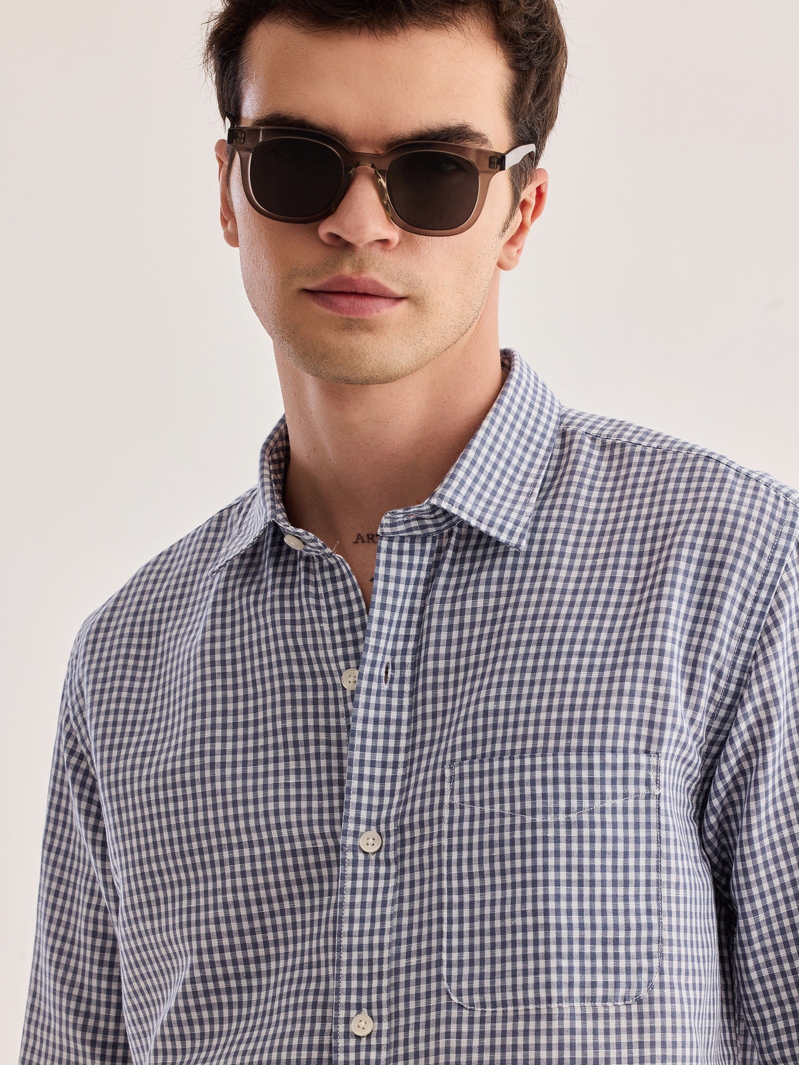 Grey Checked Linen Shirt