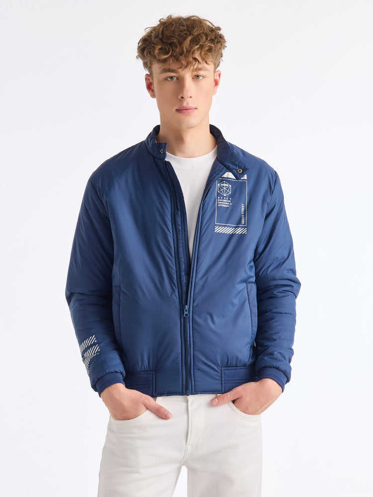Blue Chest Print Bomber Jacket