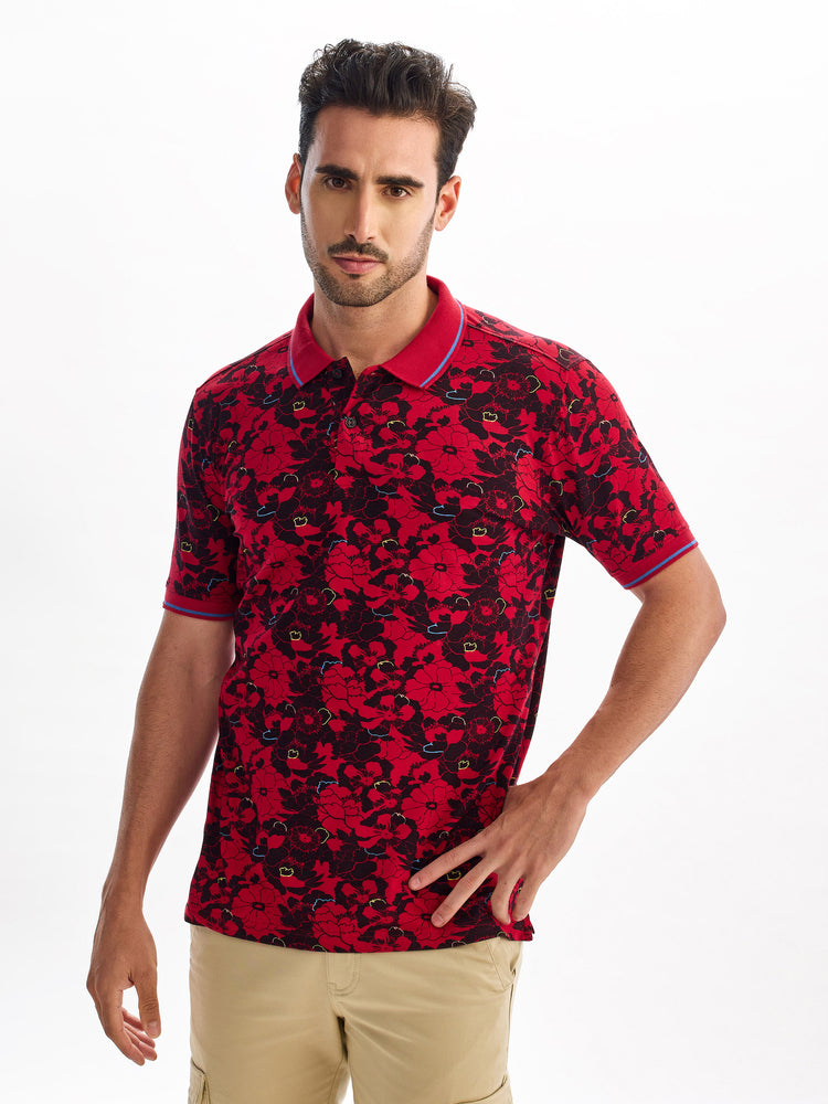 Maroon Printed Polo T-Shirt