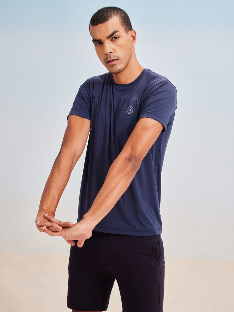 Blue Rayon Nylon Stretch Crew Neck T-Shirt