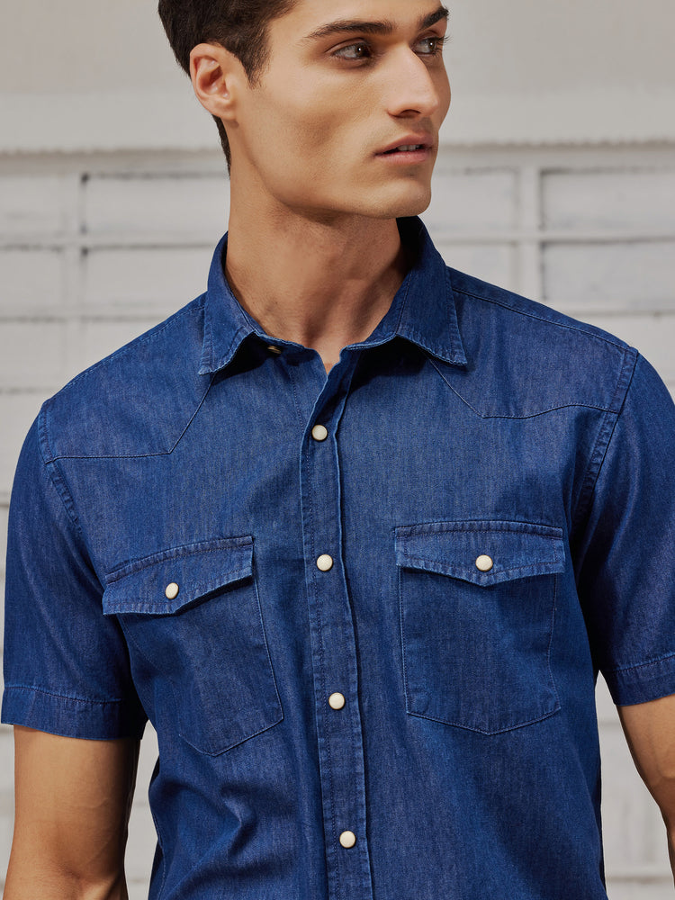 Blue Silky Denim Cargo Shirt