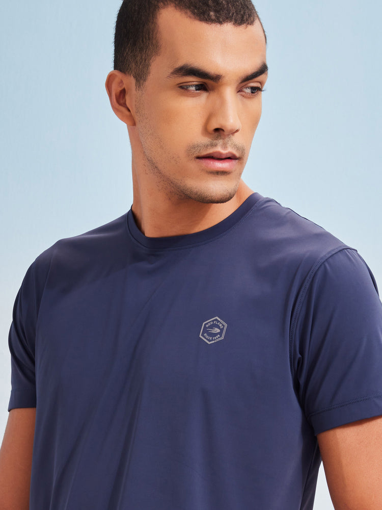 Blue Rayon Nylon Stretch Crew Neck T-Shirt