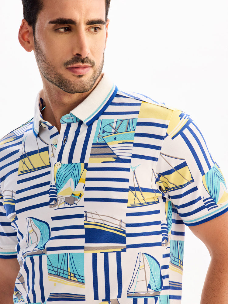 White Printed Polo T-Shirt
