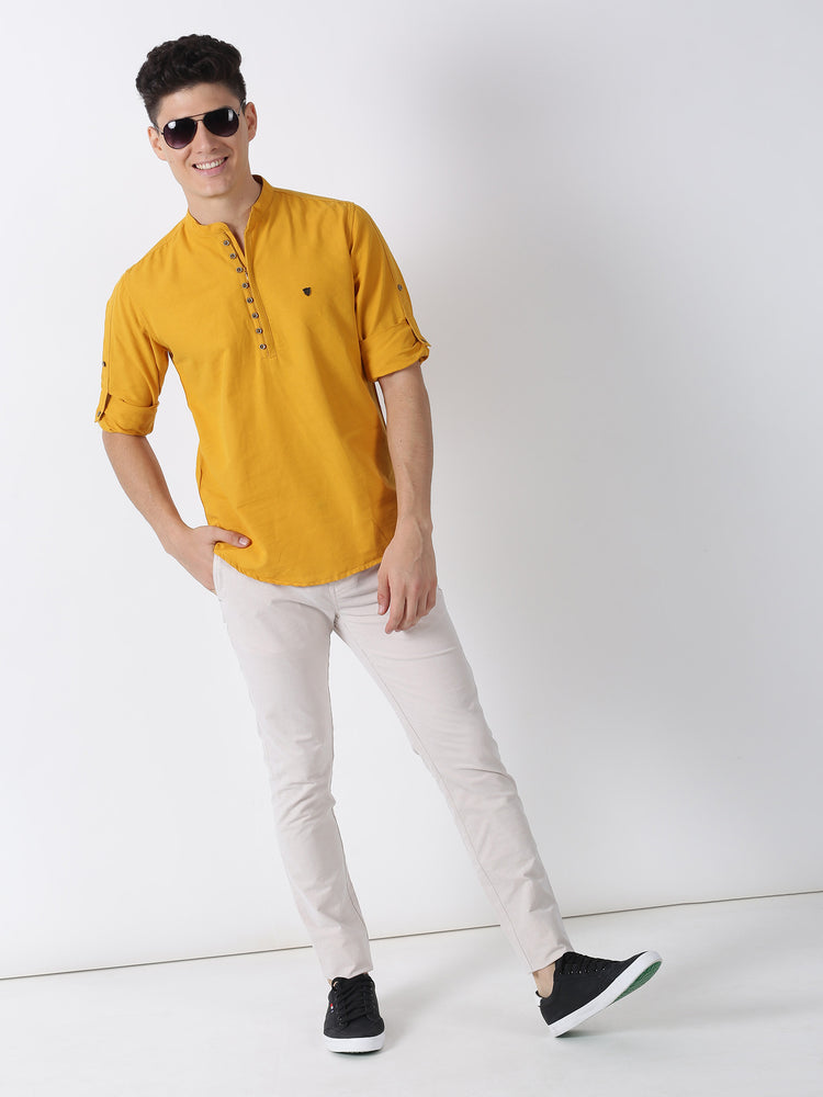 Yellow  Plain  Casual Kurta