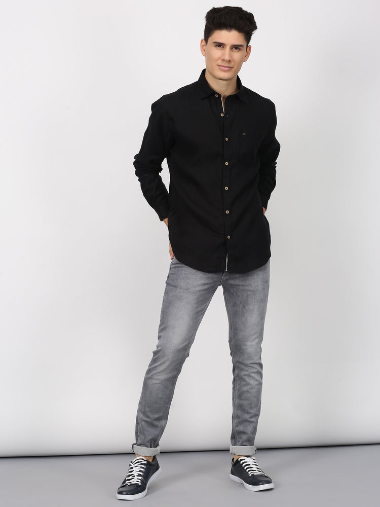 Black Linens Plain  Casual Shirt
